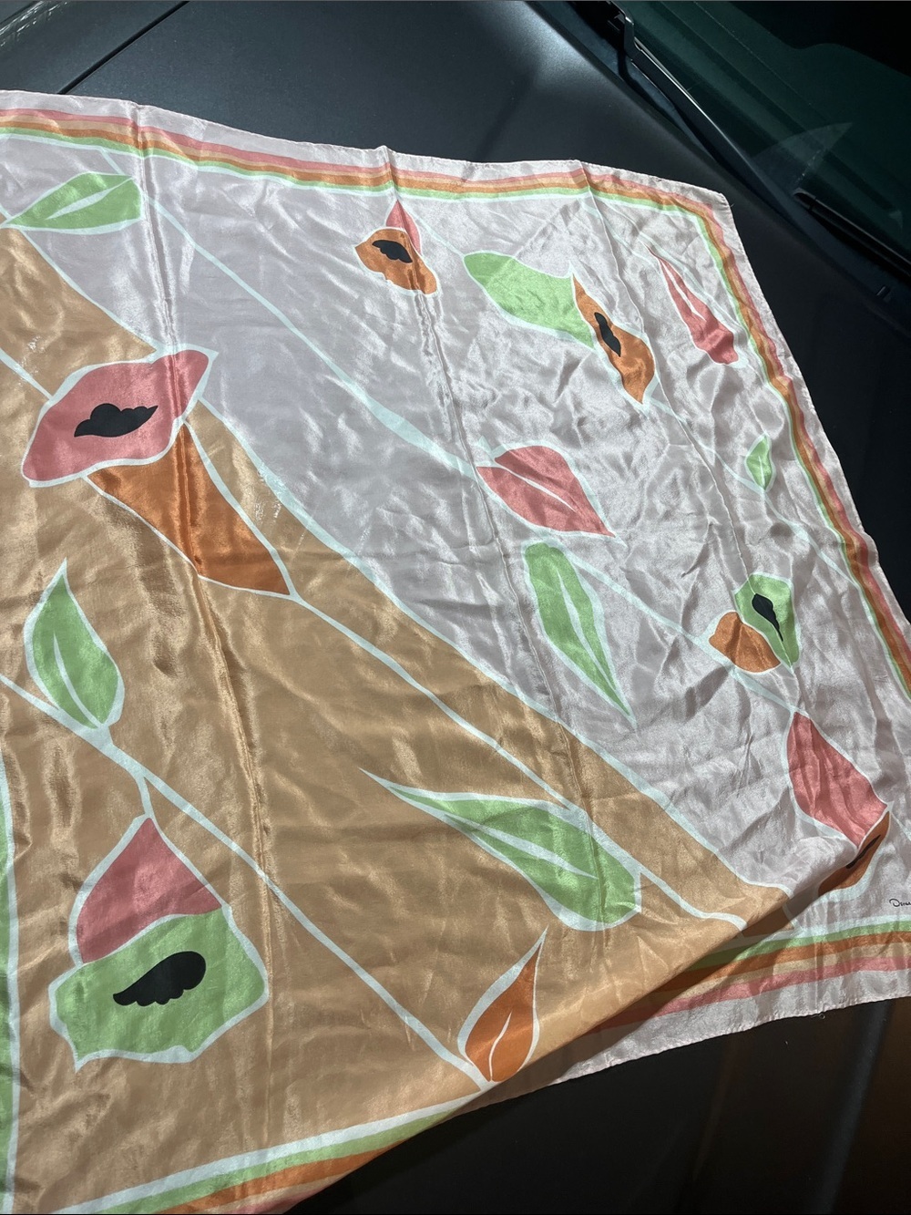 Floral Print Satin Scarf in Peach, Coral & Green Oscar de la Renta vtg